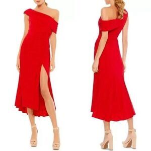Mac Duggal 26484 Ruched Off The Shoulder Midi Dress Red Size 10 $298